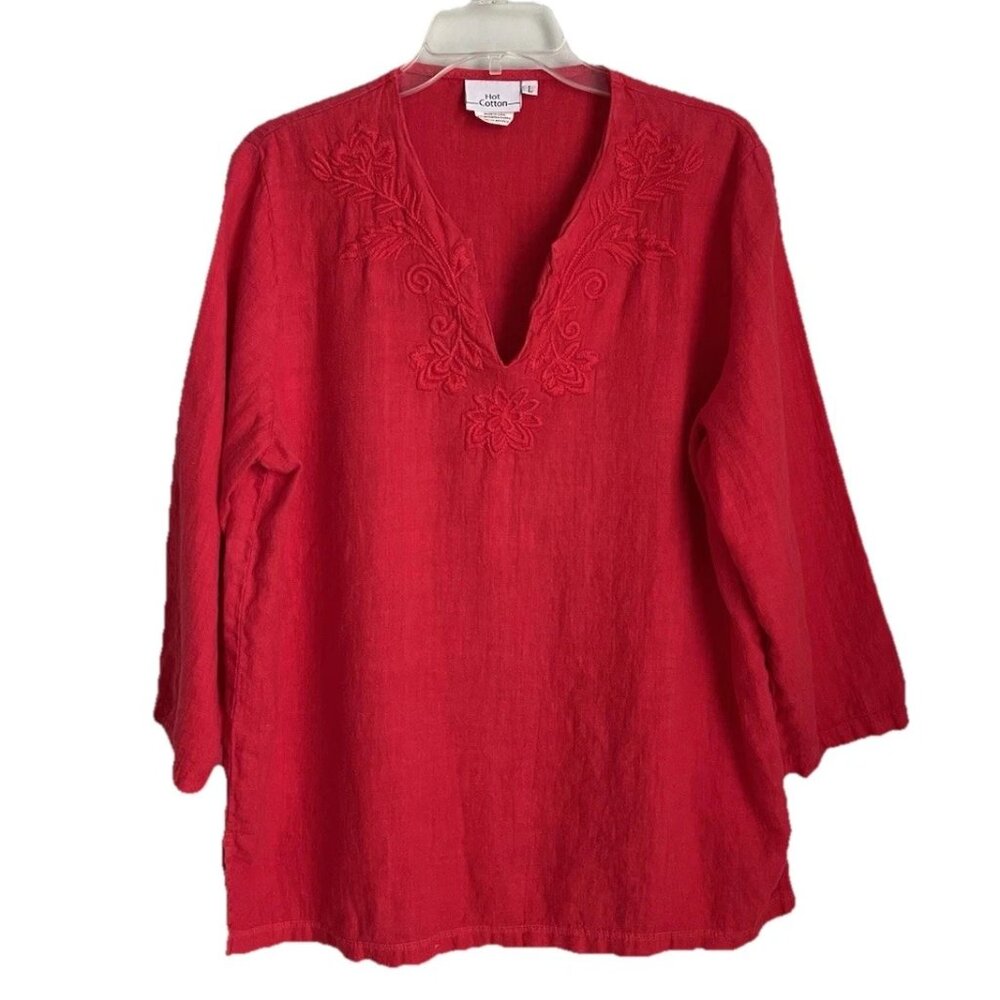 Hot Cotton Vtg Red Embroidered 100% Linen 3/4 Sleeve Tunic Top